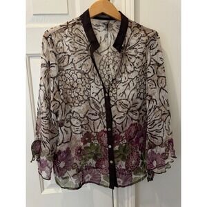 Investments Womens Sheer Floral Abstract Button Front Blouse Brown Plum Large